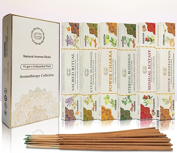 Raajsee Natural Incense Sticks,6 Pack Mixed Scents Gift Pack 15 gm Each (90 gm Total), Insense Sticks Variety Pack, 100% Organic Non Toxic Natural - Hand Rolled Free from Chemicals