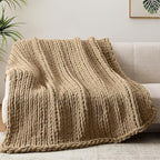 Chunky Knit Throw Blanket, 60''*80'' Knitted Throw Chenille Yarn for Bed Couch, Handmade Light Brown Crochet Big Thick Blanket, Machine Washable Cute Comfy Blanket for Home Decor