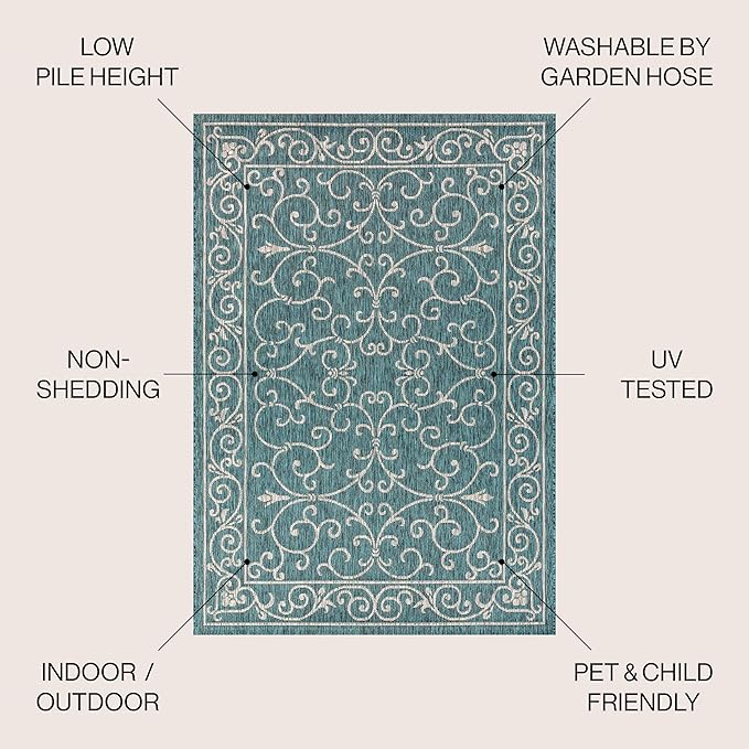 JONATHAN Y Vintage Filigree Indoor Outdoor Square Area Rug 9X9 Teal/Gray, Charleston Textured Weave for Backyard, Patio, Porch, Easy-Cleaning, High Traffic, Pet-Friendly, Non-Shedding (SMB106F-9SQ)