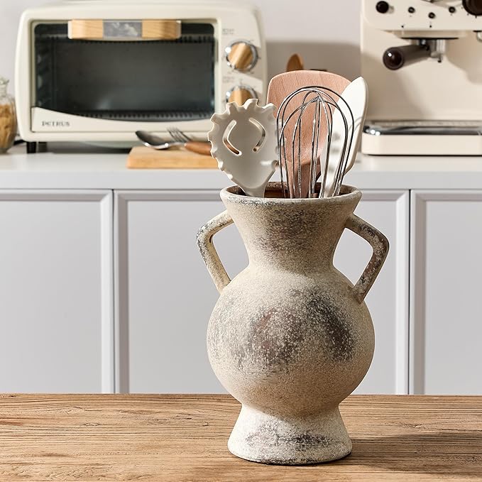 LUKA Antique Ceramic Vase with 2 Handle,9.25 inches Rustic Vase Minimalist Decor, Decorative Vases for Home Decor, Table, Living Room, Shelf, Christmas Decoration(Large,Gray)
