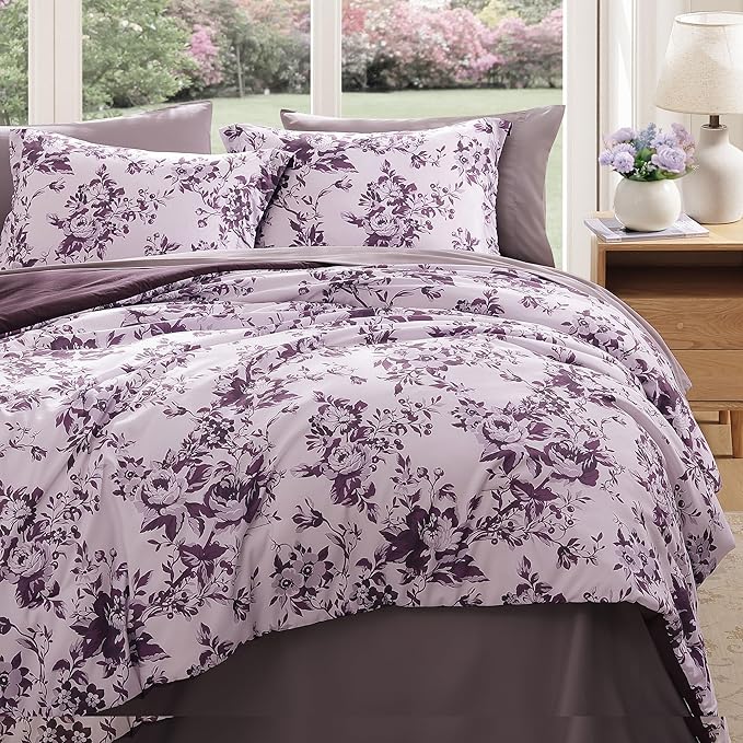 Queen Comforter Set -7 Pieces Deep Purple Floral Comforter Set for All Seasons, Bed in a Bag Queen with Botanical Flowers Comforter, Sheets, Pillowcases & Shams
