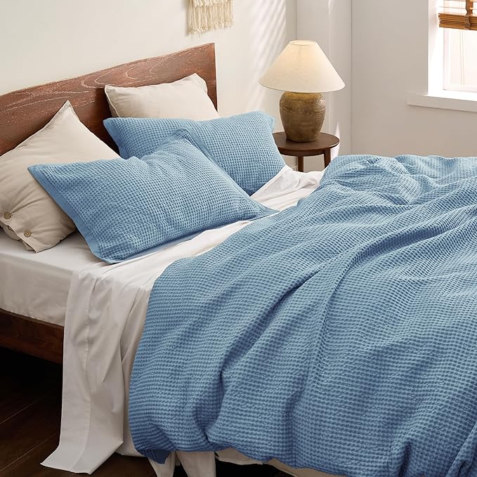 Bedsure Cotton Duvet Cover Queen - 100% Cotton Waffle Weave Grey Blue Duvet Cover Queen Size, GentleSoft™ and Breathable Bedding Set for All Season, 3 Pieces, 90"x90"