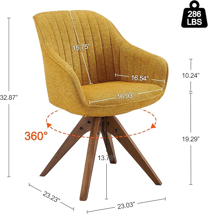 Art Leon Desk Chair No Wheels - Mid Century Modern Office Chair, Swivel Accent Chair with Oak Wood Legs, Fabric Upholstered Arm Chair, Yellow