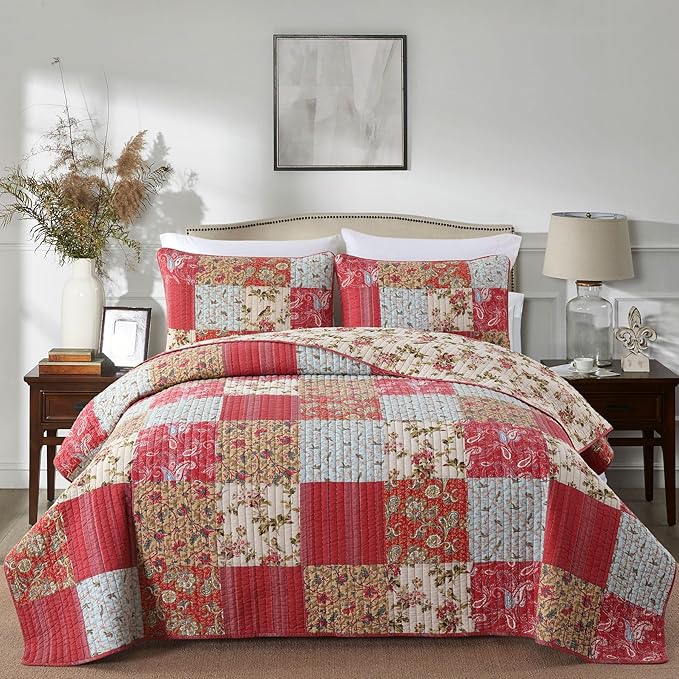 Secgo Queen Size Comforter Set- 100% Cotton Quilt Queen Size Set, Green, Sage bedspreads (90 * 96 Inch) with 2 Pillow Shams, Patchwork Reversible Lightweight Bedding