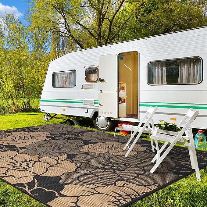 GENIMO Outdoor Rug Waterproof for Patio Decor, 8' x 10' Reversible Plastic Straw Floral Camping Carpet, Large Area Rugs Mats for RV, Camper, Deck, Balcony, Porch, Beach, Picnic, Mix-Black & Brown