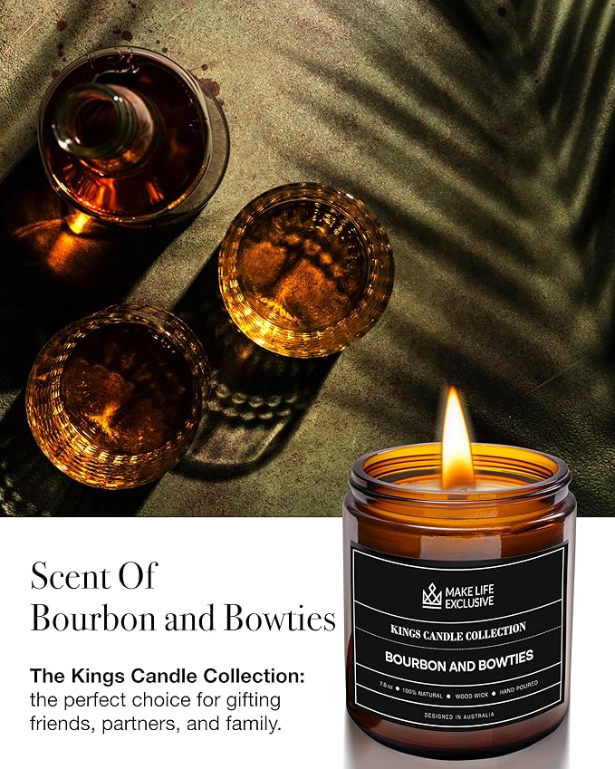 Scented Candles for Men | Bourbon Scented & Bowties | Wooden Wick, Long Lasting, Masculine Scents | Natural Soy Jar Candle for Home, Bacehlor Pad Decor | The Perfect Mens Gift