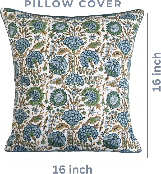 Ridhi Block Print Pillow Cover Asparagus Green Cotton Throw Case Decorative for Couch Pillows Living Room, Chic Boho Cute Thanksgiving Christmas, Fall Gifts 16 x16 Inches