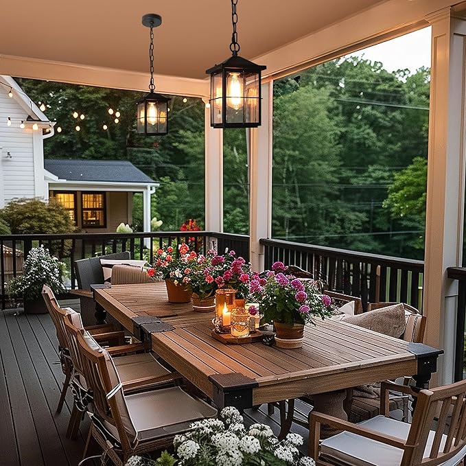 LOG BARN Outdoor Pendant Light Fixture, Farmhouse Exterior Lights, Anti-Rust Ceiling Outdoor Light with Seeded Glass, Lantern Hanging Light for Front Door, Entry, Porch, and Gazebo