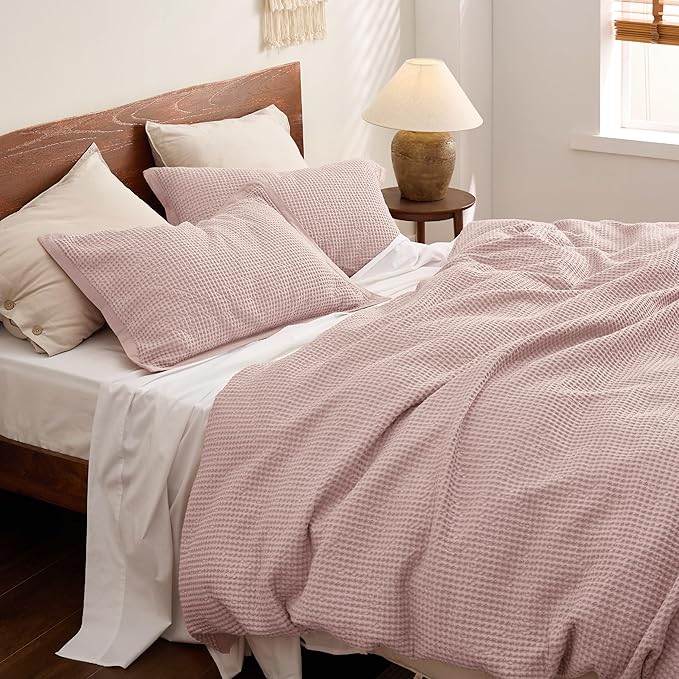 Bedsure Cotton Duvet Cover King - 100% Cotton Waffle Weave Pink Duvet Cover King Size, GentleSoft™ and Breathable Bedding Set for All Season, 3 Pieces, 104"x90"