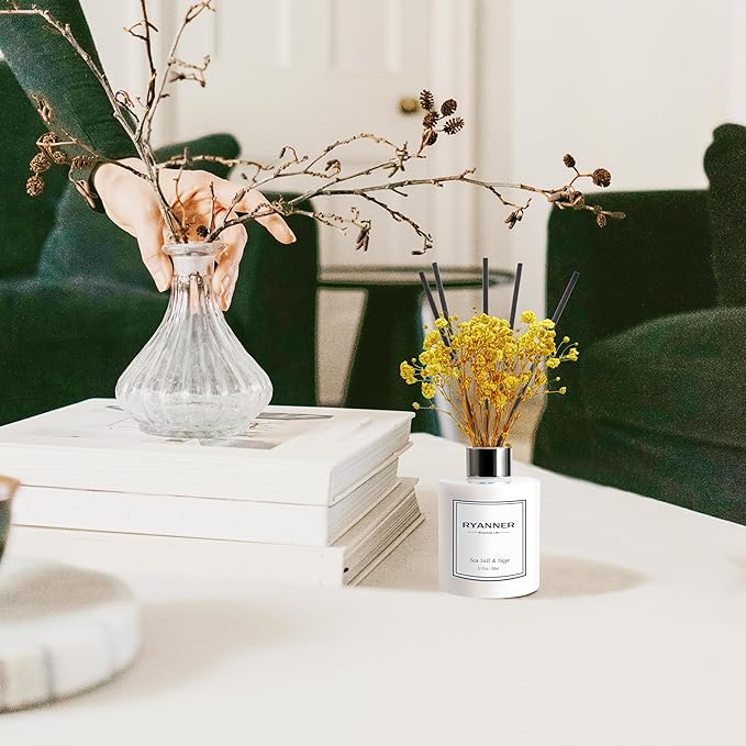 Reed Diffuser Set,5.1oz Sea Salt&Sage Scent Diffuser with Sticks Home Fragrance Reed Diffuser with Essential Oil for Bathroom Shelf Decor&Air Freshener,Home Bathroom Office Decor & Gifts