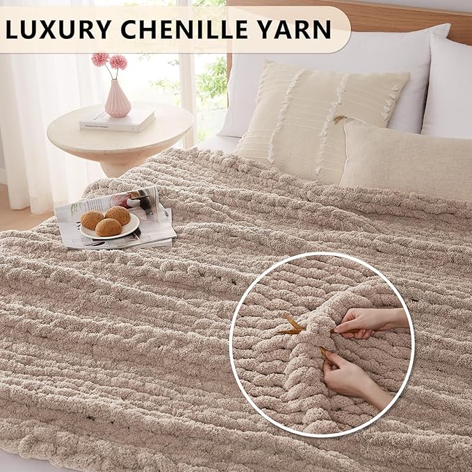 L'AGRATY Chunky Knit Blanket Throw: 80''x90'' Chenille Chunky Knitted Throw Blankets for Bed Couch - Handmade Thick Big Cable Knit Blanket - Large Crochet Rope Blankets for Home Decor(Light Taupe)