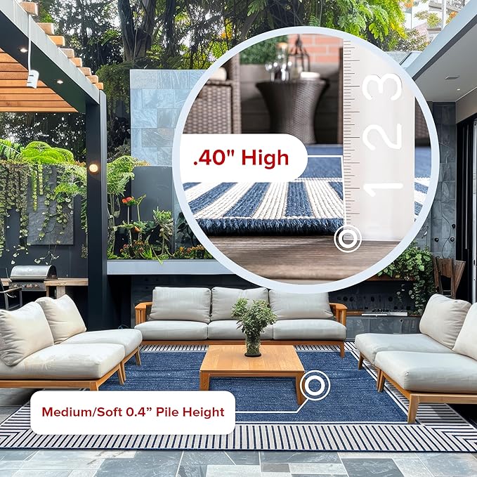 nuLOOM 4' x 6' Outdoor Area Rug, Casual Design With Striped Border, Stain Resistant, Highly Durable, For Patio, Balcony, Bedroom, Living Room, Dining Room, Bathroom, Navy