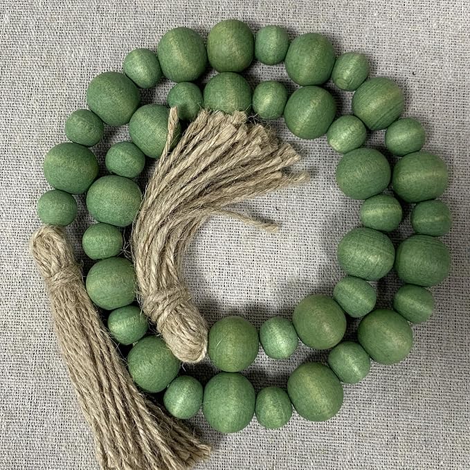Handcrafted Farmhouse Wooden Decorative Beads Garland, Table Tray Boho Wood Beads with Tassel, Small Rustic Antique Decor for Home and Events (Sage Green)