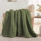 Carriediosa Chunky Knit Throw Blanket 50" X 60", 100% Hand Made Large Chenille Loop Yarn Soft Fluffy Throws for Couch Sofa Bed, Big Crochet Cozy Heavy Thick Cable Woven Blankets, Olive Green