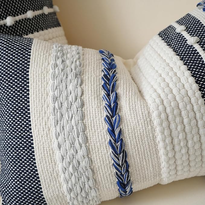 BlissBlush Decorative Lumbar Throw Pillow Cover 14x24 Boho Dark Blue Accent Cushion for Couch Sofa Farmhouse Pillowcase for Bedroom Living Room Home Décor Cover ONLY