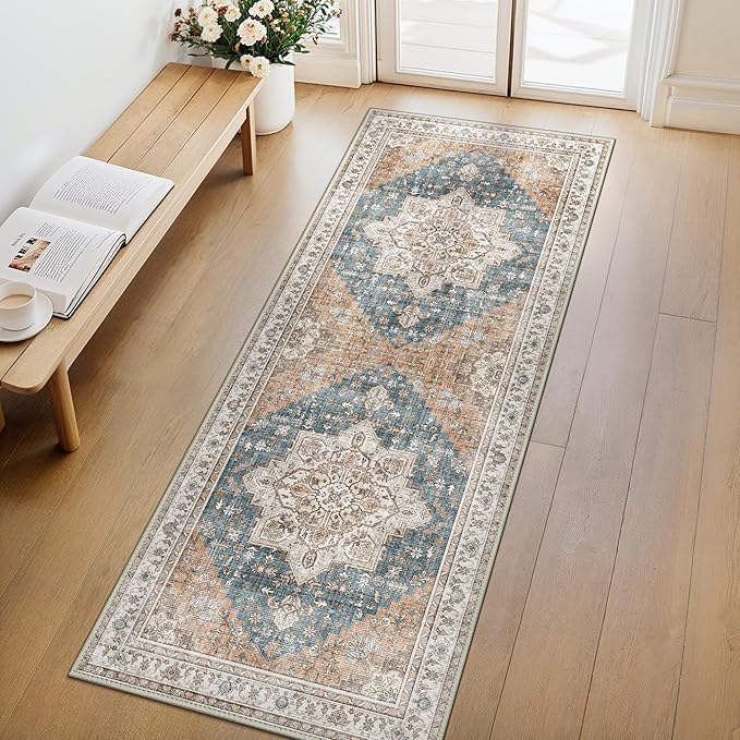 GENIMO 2x12 Runner Rugs for Hallway, Machine Washable Non Slip Vintage Rugs, Low Pile Lightweight Soft Print Rug for enrtyway, Corridor, Home Office, Kitchen, Blue Brown