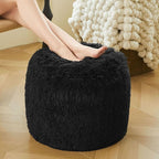 XeGe Fluffy Faux Fur Inflatable Pouf Ottoman, Comfy Portable Shaggy Fuzzy Foot Stool Anti-Slip, Plush Foot Rest Floor Pouf Home Decorative, Round Ottoman Cushion for Living Room Bedroom, Black
