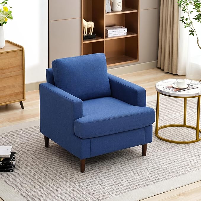 Mid-Century Accent Chair,Modern Linen Fabric Armchair for Living Room,Comfy Upholstered Reading Accent Chairs for Bedroom,Single Sofa Chair with Wood Legs (Blue, 1 Pack)