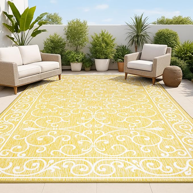 JONATHAN Y Vintage Filigree Indoor Outdoor Area Rug 9X12 Yellow/Cream, Charleston Textured Weave for Backyard, Patio, Porch, Easy-Cleaning, High Traffic, Pet-Friendly, Non-Shedding (SMB106L-9)