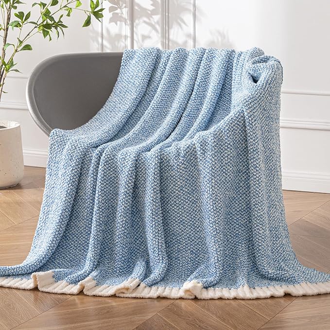 MIULEE Blue Super Soft Throw Blanket for Bed, Twin Size Cozy Fluffy Warm Blankets Knit Blankets for Couch, Sofa, Chair, Living Room, Camping, Picnic, 60 x 80 inch