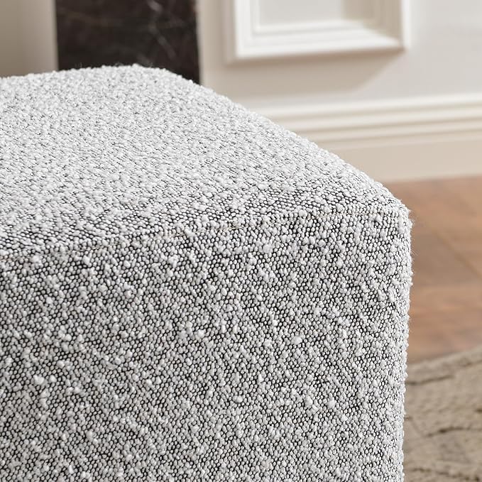 KINWELL 18.5" Wide Modern Square Boucle Upholstered Ottoman with Solid Wood Legs, Cube Ottoman Multi-Functional Sofa Footrest, Extra Seating for Living Room, Bedroom, Fully Assembled (Black and White)
