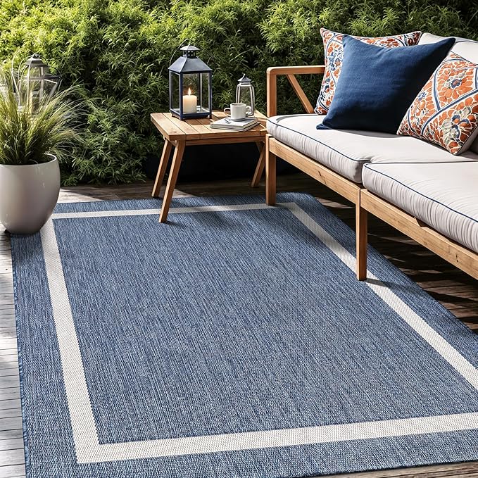 Bordered Outdoor Rug 9x12 Washable Outside Carpet for Indoor Patio Porch Waterproof Easy Cleaning Non Shedding Area Rugs Blue 9 x 12