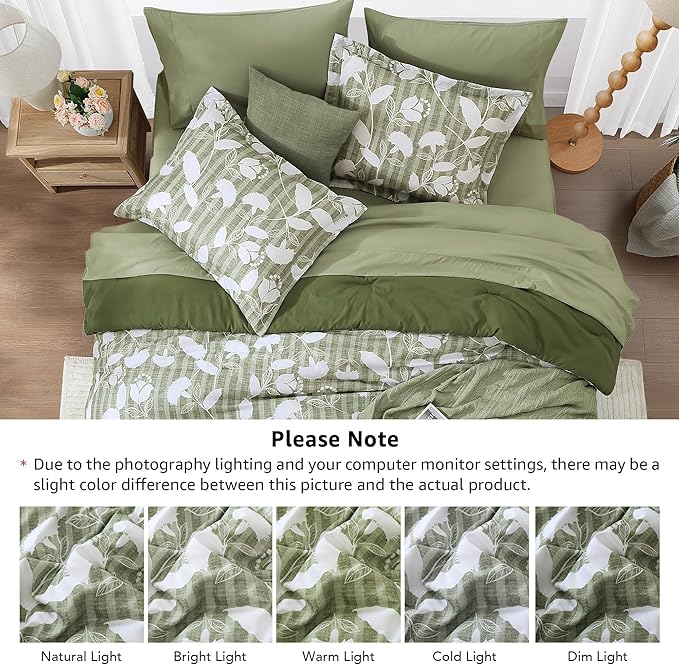 Queen Comforter Set -7 Pieces Botanical Olive Green Comforter for All Seasons, Bed in a Bag Queen with Flowers Floral Comforter, Sheets, Pillowcases & Shams