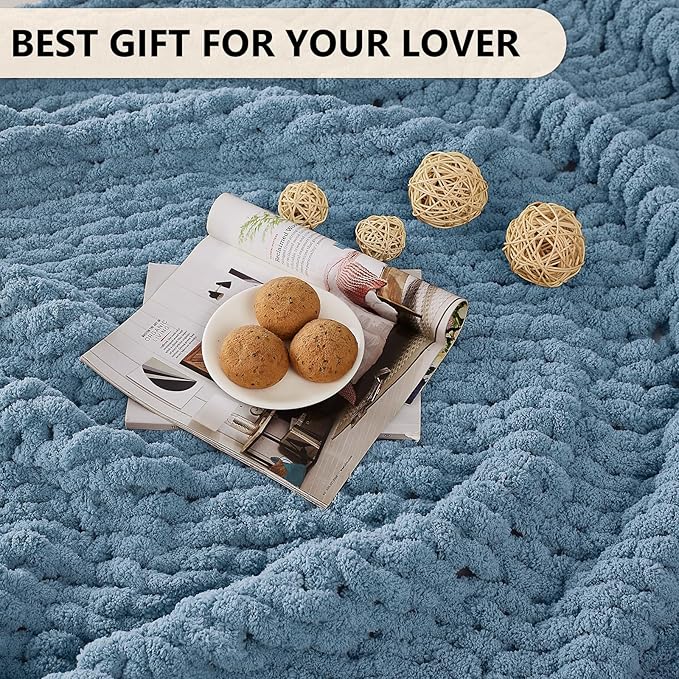 L'AGRATY Chunky Knit Blanket Throw: 72''x84'' Chenille Chunky Knitted Throw Blankets for Bed Couch - Handmade Thick Big Cable Knit Blanket - Large Crochet Rope Blankets for Home Decor(Airy Blue)
