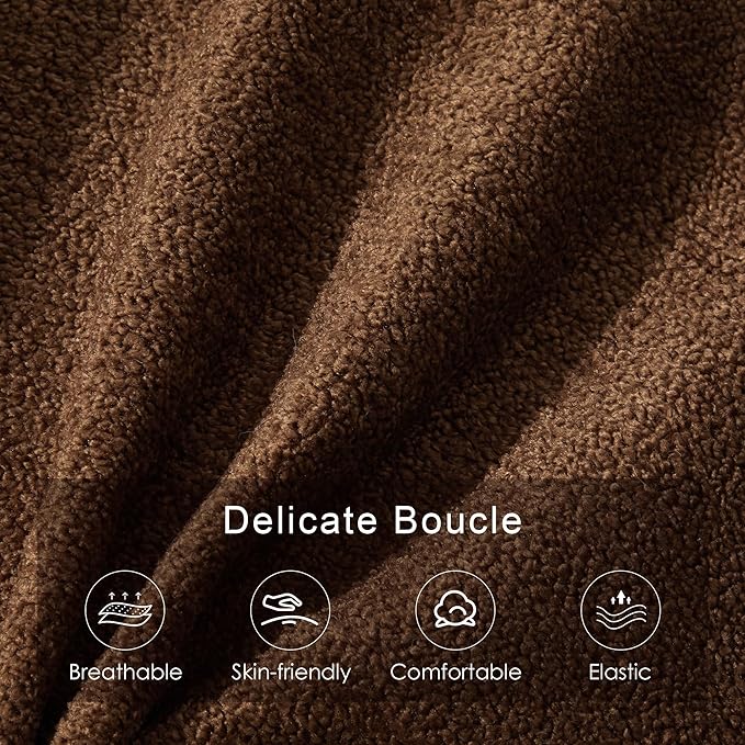 63" Bedroom Bench, Upholstered Entryway Bench, Modern End of Bed Ottoman with Solid Wood Legs and Adjustable Foot Pegs for Entryway, Dining Room and Living Room (Brown Boucle)