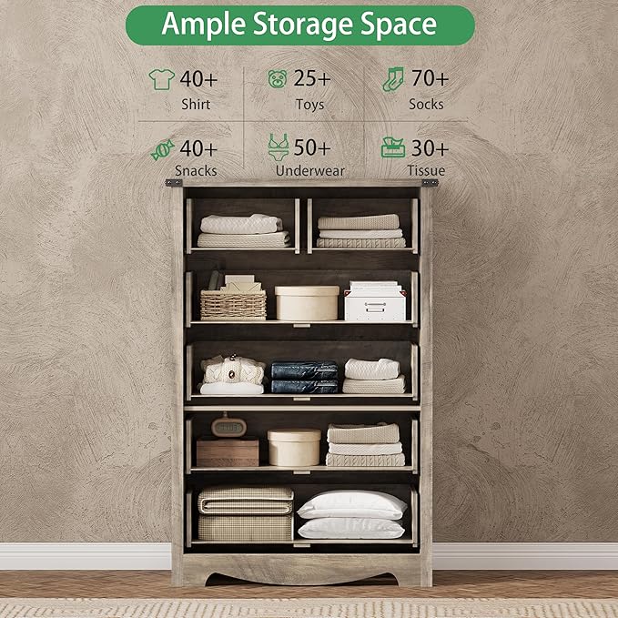 Dresser for Bedroom with 6 Drawers, 46" Tall Wood Chest of Drawers with Deep Drawers & Mental Handle, Modern Dresser TV Stand, Wooden Closet Storage Organizer for Living Room, Hallway, Entryway, Grey