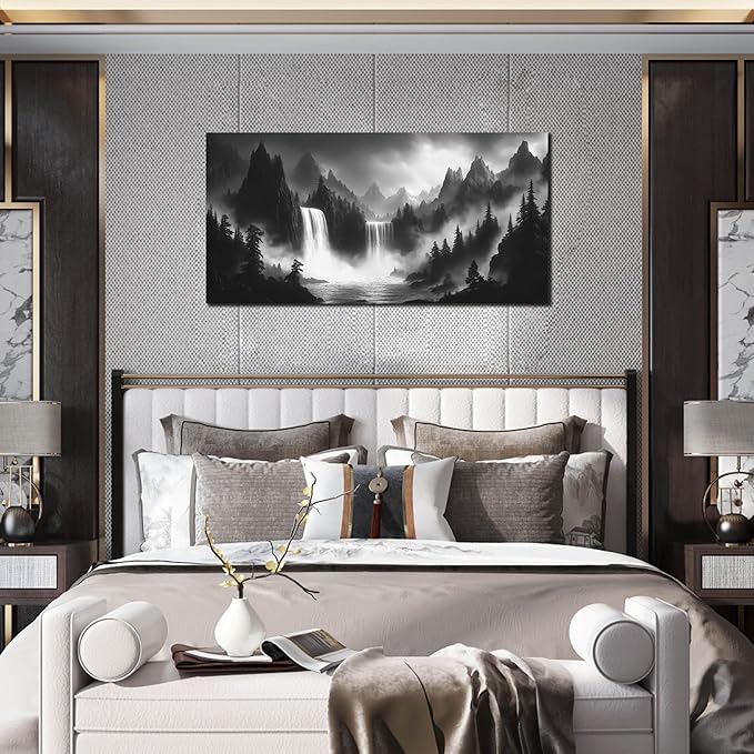 Mountain Wall Pictures for Living Room Decor - Black and White Wall Art Bedroom - Waterfall Canvas Wall Art for Office Size 20" x 40"