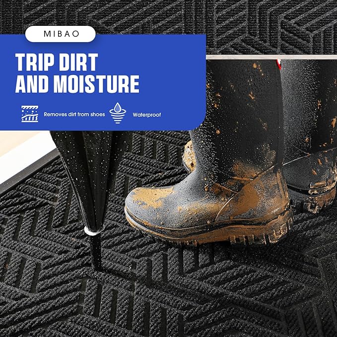 Mibao Front Door Mat Outside Entrance, Durable Outdoor Indoor Mat, Low Profile Heavy Duty Doormat, Non-Slip, Traps Dirt and Moisture, Easy Clean Patio Porch Entryway Mat, 32" x 47", Black