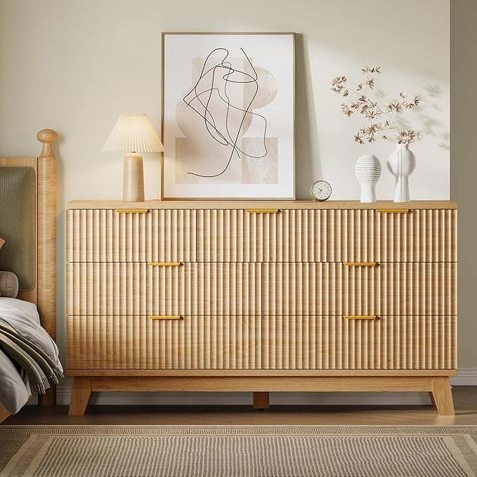 57" Long Dresser for Bedroom, 7-Drawer Fluted Chest, Wide Wood Storage Dresser with Metal Slides and Handles, Stable Base, Modern Clothes Organizer for Primary Suite, Guest Room, Nursery