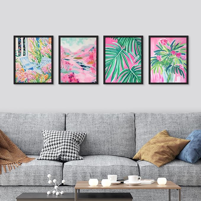 SIGNWIN Framed Tropical and Floral Bright Botanical Preppy Room Decor Pink Decor Digital Art Modern Art Decorative Multicolor Scenic for Bedroom - 12"x16"x4 Black