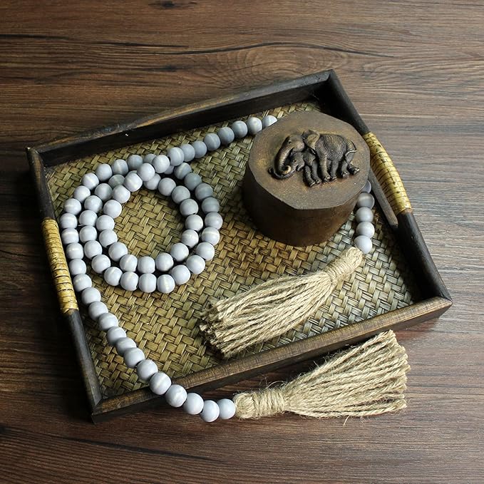 CVHOMEDECO. Wood Beads Garland with Tassels Farmhouse Rustic Wooden Prayer Bead String Wall Hanging Accent for Home Festival Decor. Grey Distressed