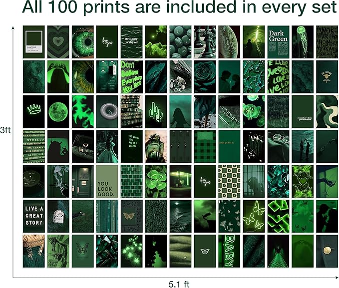 Y2K BOO Dark Green Wall Collage Kit - 100 Aesthetic Posters for Room Decor, Perfect for Dorms and Bedrooms, Stylish Dark Green Wall Art for Teen Girls and Cozy Spaces