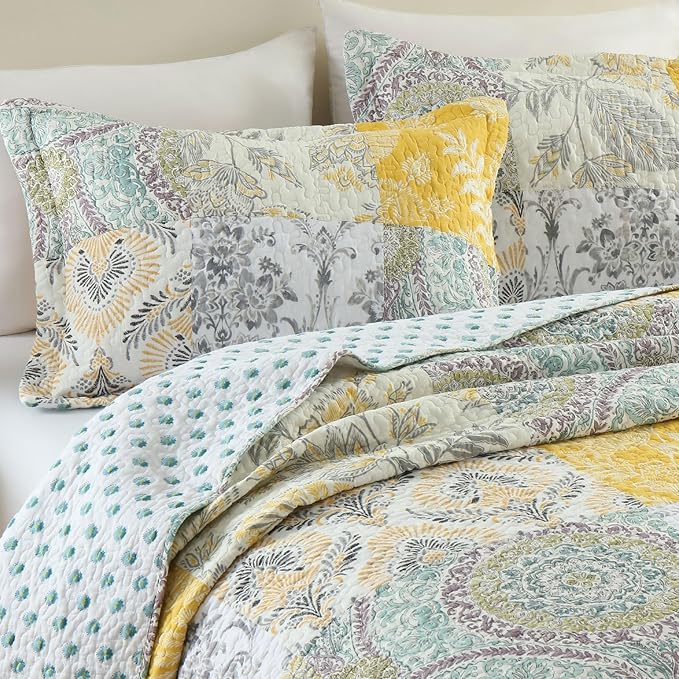 Secgo King Size Comforter Set- 100% Cotton Quilt King Size Set, Green, Sage bedspreads (96 * 108 Inch) with 2 Pillow Shams, Patchwork Reversible Lightweight Bedding