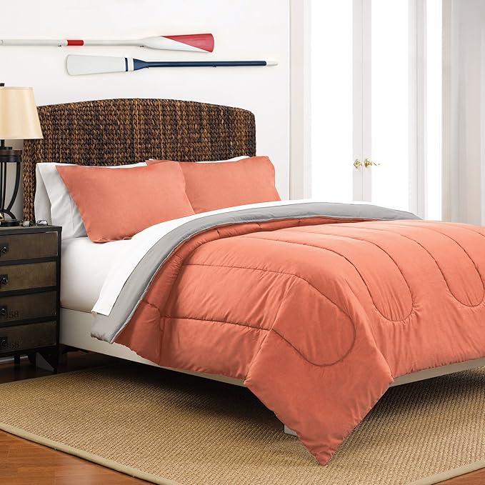 Martex Two-Tone Solid Color Reversible Comforter and Sham Bedding Set - Super Soft Brushed Fabric - Coral Reversing to Light Grey, King