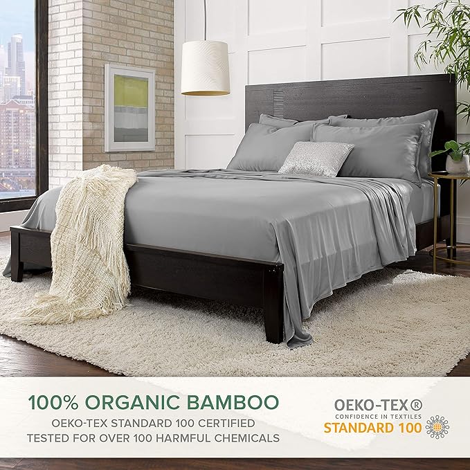 Split King Sheets by Pure Bamboo, Genuine 100% Organic Viscose Derived from Bamboo Bed Sheet Set, Soft & Cooling, Double Stitching *Not for Split Top (Split King, Stone Grey)
