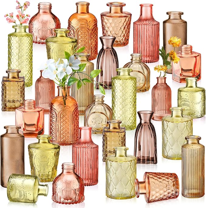 Yaomiao 30 Pcs Vases Bulk Colored Flower Glass Vases Bud Vintage Colored Glass Bottles Colorful Rustic Embossed for Home Wedding Table Decorations Gifts(Orange Yellow Series)