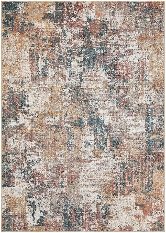 Tortania Washable 7x9 Area Rug for Living Room: Modern Abstract Neutral Large Soft Thin Rugs - Non Slip Indoor Carpet for Bedroom Dining Room Office Nursery Home Floor Decoration - Colorful Multi