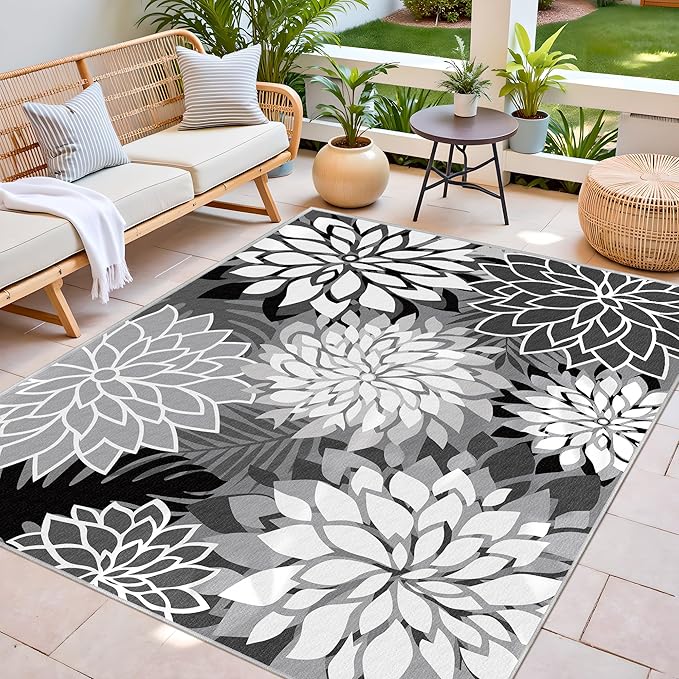 Indoor Outdoor Area Rug Washable Multicolored Rug Tropical Botanical Modern Floral Indoor Outdoor Carpet Black White Rug Non Slip Non Shedding for Patio, Deck, Backyard, Porch (5x8)