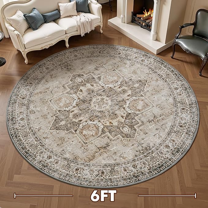6 ft Round Rugs for Living Room Bedroom Rug Circle Area Rug for Dining Room Table Throw Vintage Circular Rugs Washable Soft Comfortable Beige