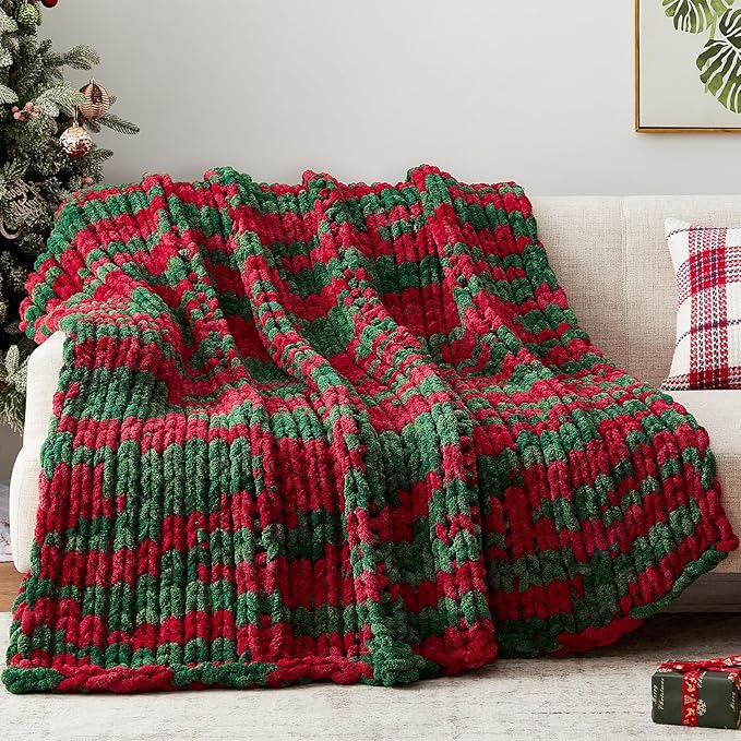 Chunky Knit Throw Blanket, 50''*60'' Knitted Throw Chenille Yarn for Bed Couch, Handmade Stripe Crochet Big Thick Blanket, Machine Washable Cute Comfy Blanket for Home Decor