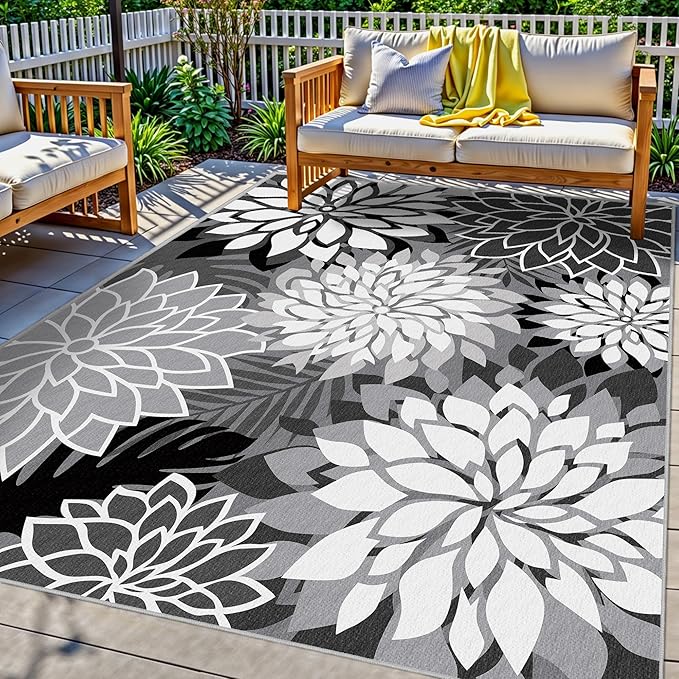 Indoor Outdoor Area Rug Washable Multicolored Rug Tropical Botanical Modern Floral Indoor Outdoor Carpet Black White Rug Non Slip Non Shedding for Patio, Deck, Backyard, Porch (9x12)