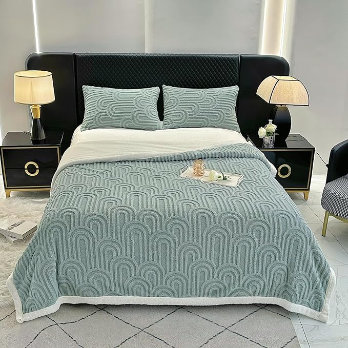 UKELER Sherpa Bed Blanket 80 × 90 inch, Ultra Soft Queen Size Throw Blanket for All Season, Cozy Plush Arch Fleece Blankets for Bedroom Living Room Dorm Hostel Sofa Camping, Light Green