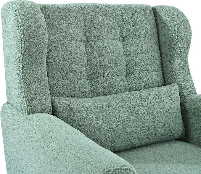 Accent Chair, Comfy Upholstered Living Room Chairs with High Tufted Backrest and Pillow, Wingback Reading Chair with Solid Wood Legs for Bedroom/Office, Teddy Fabric, Light Green