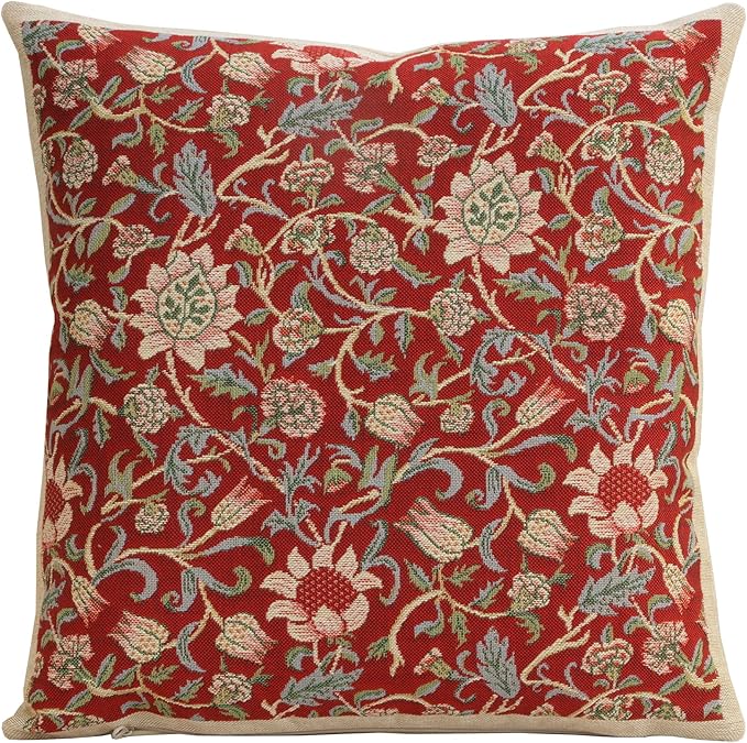 Charlotte Home Furnishings Throw Pillow Covers 16x16 in, Red Flowers Decorative Couch Pillow Cover, Boho Decor European Tapestry Cushion Cases, Living Room Cozy Home Decor, Jacquard Woven Soft Cotton