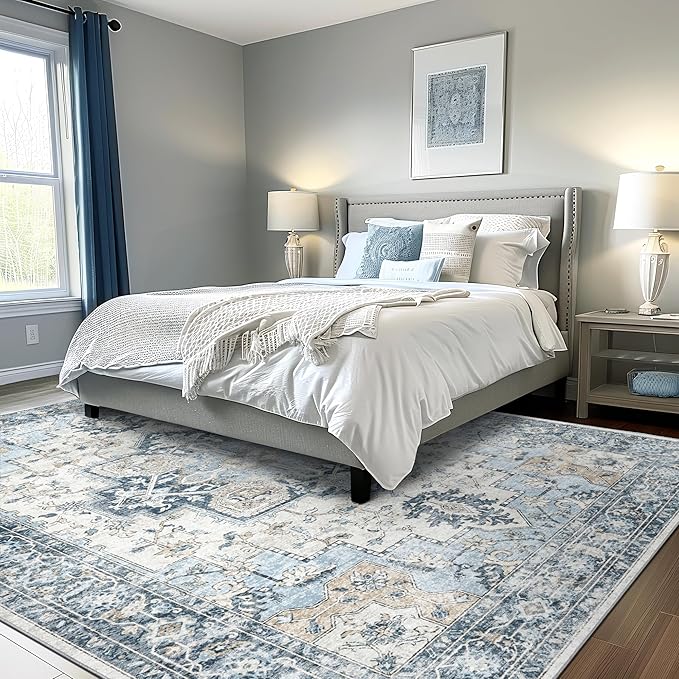 GENIMO 7'6''x9'6'' Area Rugs for Living Room, Machine Washable Non Slip Vintage Rugs, Low Pile Lightweight Chenille Print Rug for Bedroom, Dining Room, Home Office, Blue