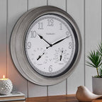 CLXEAST 18 Inch Farmhouse Illuminated Outdoor Atomic Wall Clock with Thermometer & Hygrometer Combo, Night Lighted Wall Clock with Smart Sensor, Weather Stations,Brushed Grey Oak Finish